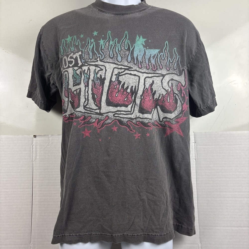 LOST HILLS T-Shirt Double Sided Mens S Gray Graphic Tee Smoky Fire Logo Baggy